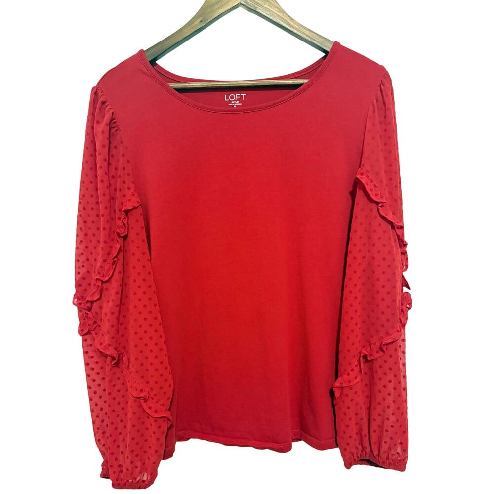 LOFT Outlet Red Swiss Dot Ruffle Sleeve Top Cotton Knit XL Romantic Blouse